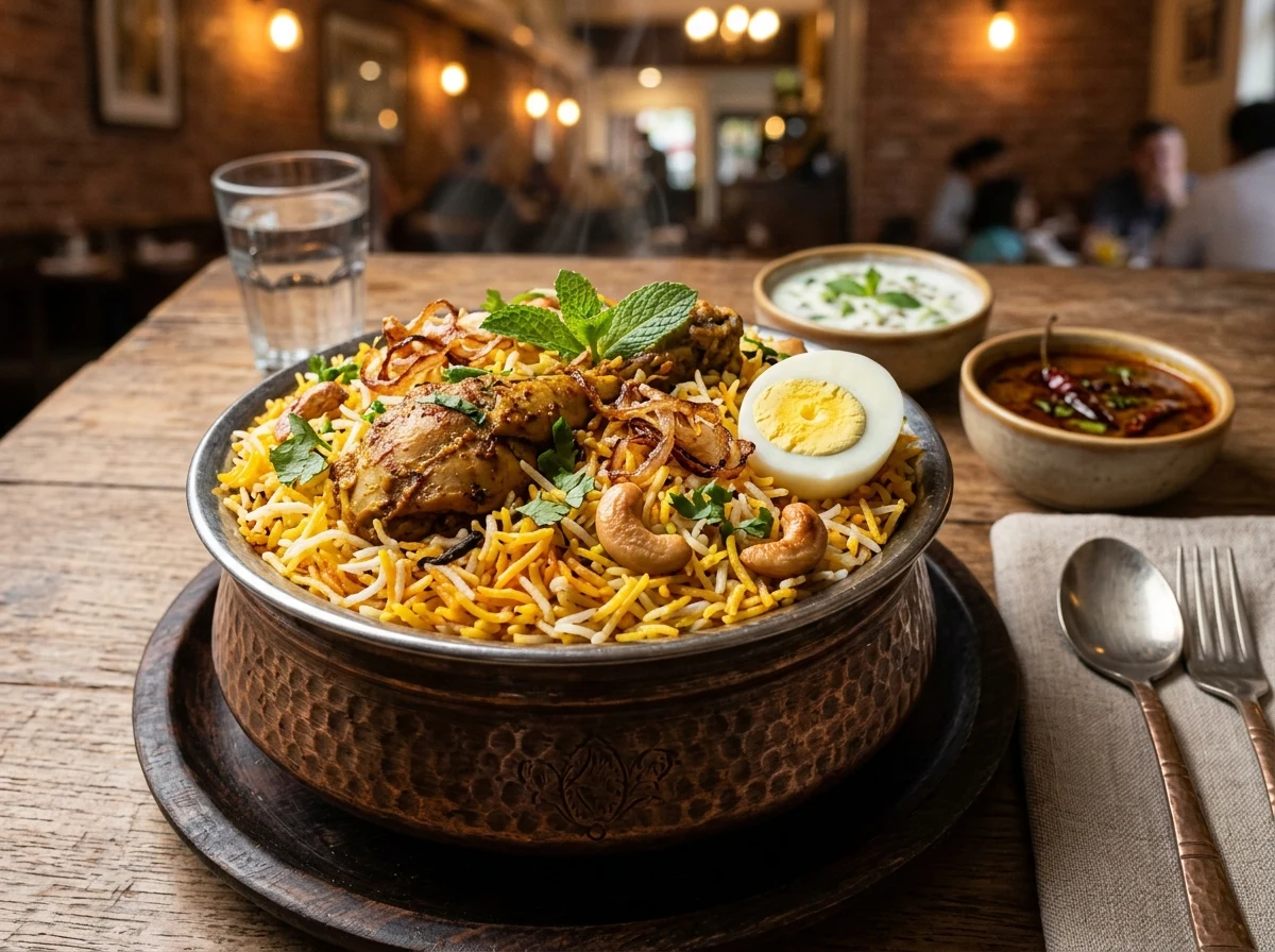 Fragrant Ceylon chicken dum biryani in traditional copper handi
