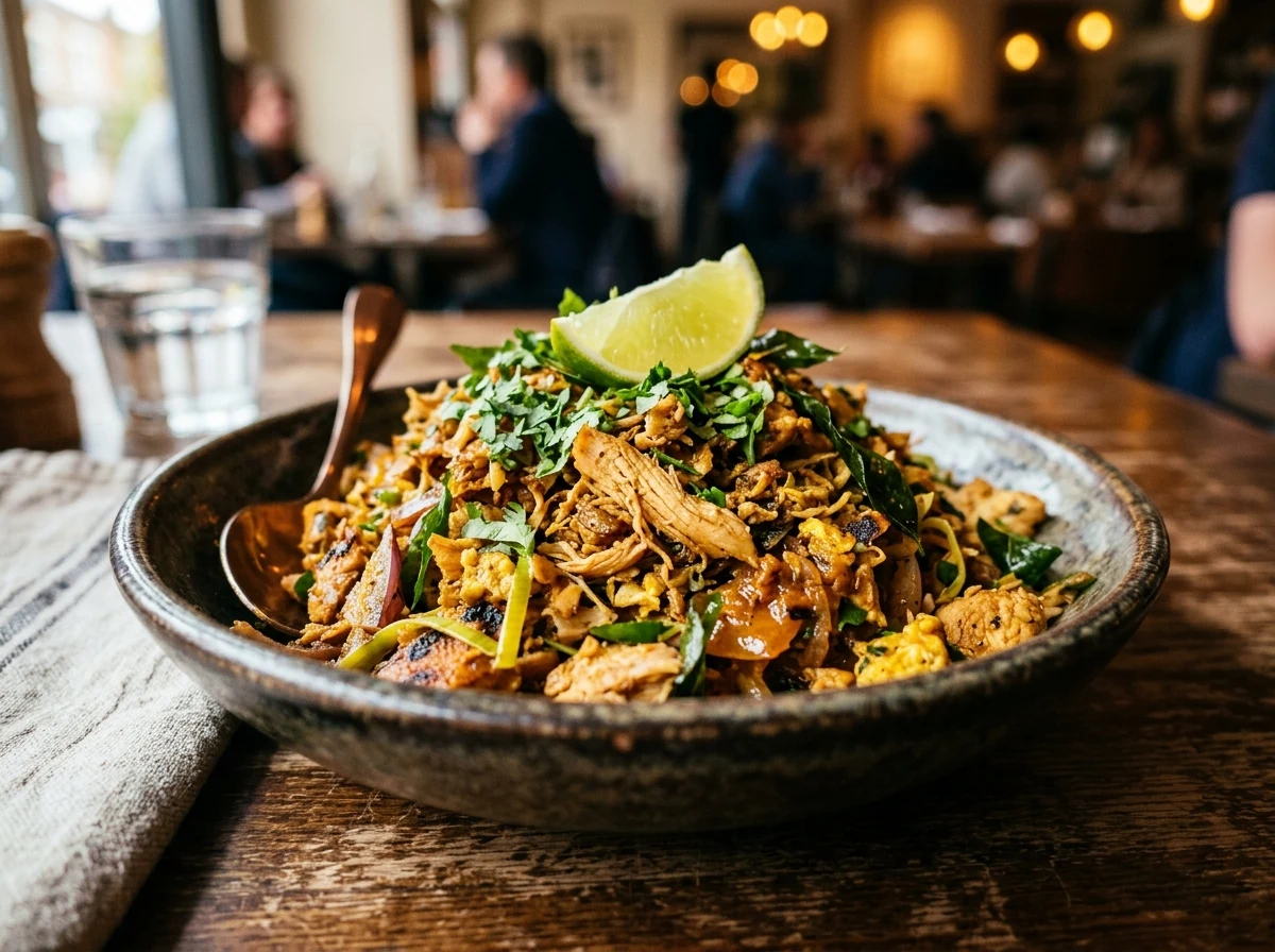 Freshly chopped Ceylon chicken kothu roti with spices